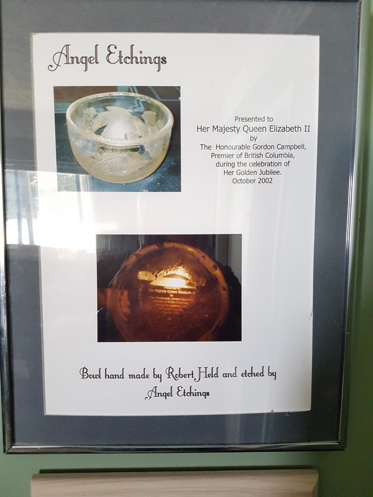 Etched bowl presented by The Honourable Gordon Campbell Premier of BC Canada on the Royal Visit of Her majesty Queen Elizabeth 2