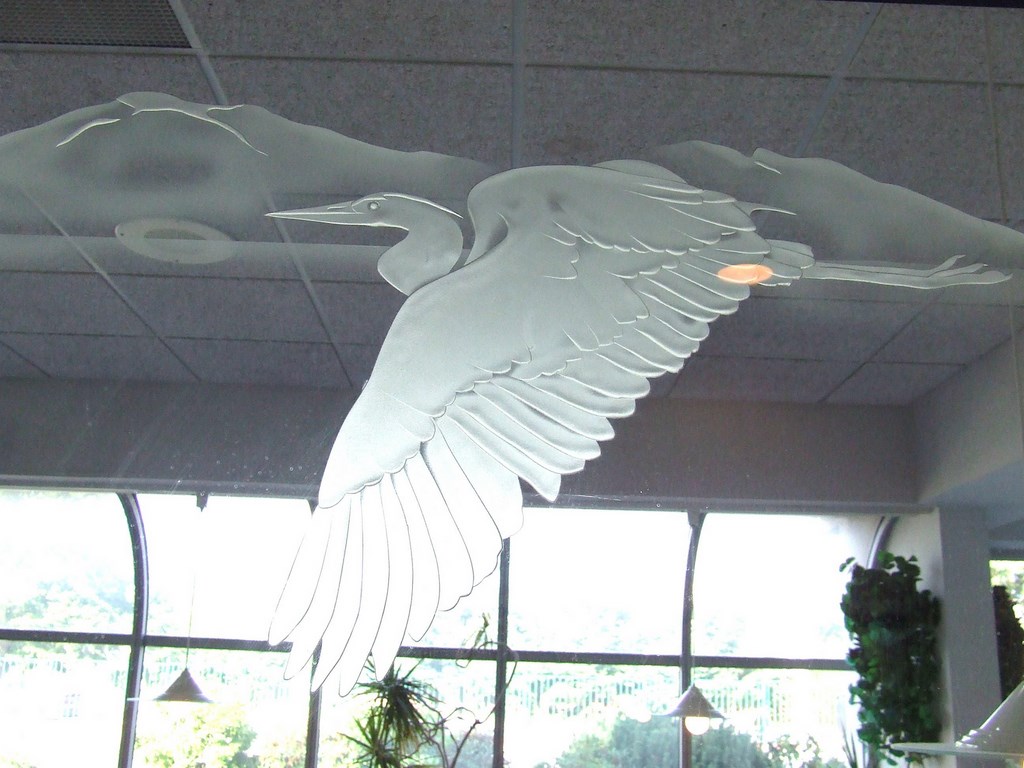 Carved Heron sandblast window glass